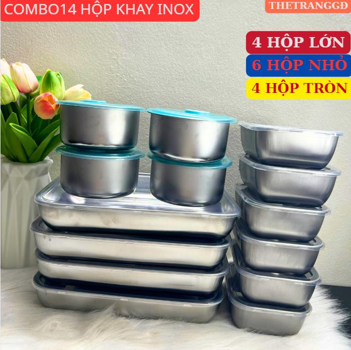 Combo 14 khay Đựng thực phẩm inox gồm 4 hộp to 25x20x6cm + 4 hộp tròn 11x11x6cm + 6 hộp chữ nhật 13x10x6cm + hộp bảo quản Đồ ăn