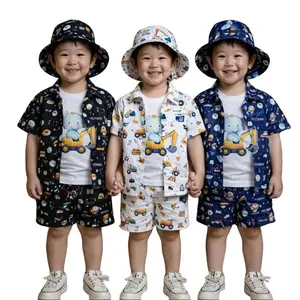 [4 in 1] Setelan Kemeja Plus Kaos Dalaman Dan Topi Motif Ekskavator Usia 1-6 Tahun