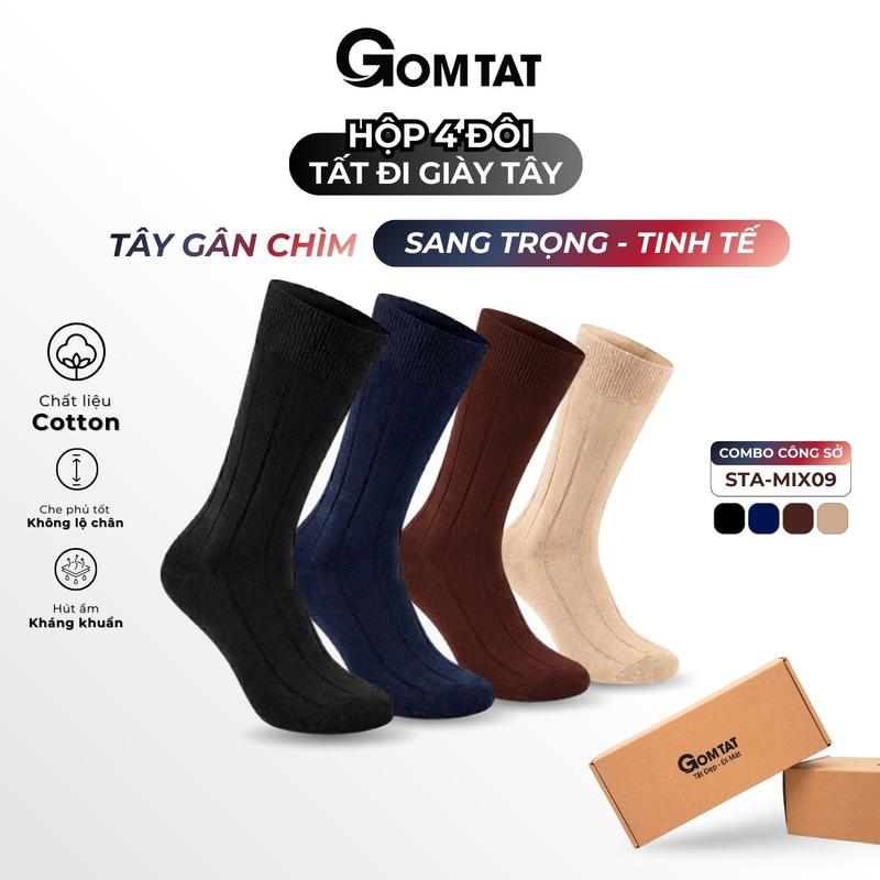 Set 4 đôi tất vớ đi giày tây nam GOMTAT mẫu gân chìm vớ nam cổ cao 25cm chất liệu cotton cao cấp thoáng mát êm chân tất nam cổ cao vớ nam công sở Menswear - STA-MIX09-CB4