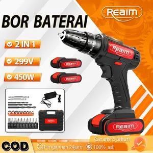 [Gajian Sale Ramadan]REAIM Bor Baterai Bor Listrik Mesin Bor Baterai 2in1 299V Bor Cordless Set Lengkap Mata Bor dengan Kotak Penyimpanan Tenaga Kuat