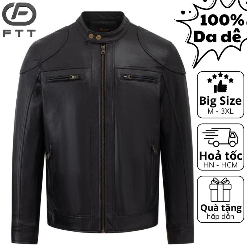 Áo khoác da dê nam Racer FTT Leather 2 khoá phối khoá ngang ngực đắp vai AD318D40
