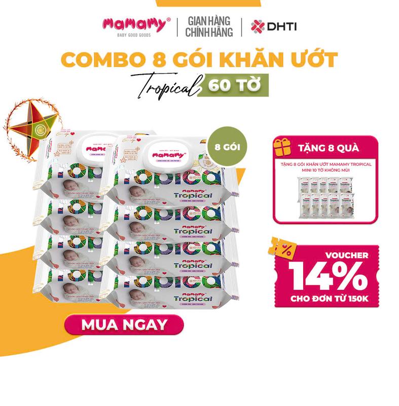 [KOC][MUA 8 TẶNG 8] MUA 8 gói khăn ướt Mamamy Tropical 60 tờ không mùi cao cấp chính hãng cho mẹ và bé, sợi vải thuần tự nhiên và rayon, x2 chất chống hăm, bổ sung tinh chất thiên nhiên TẶNG 8 gói khăn ướt Mamamy Tropical mini 10 tờ không mùi