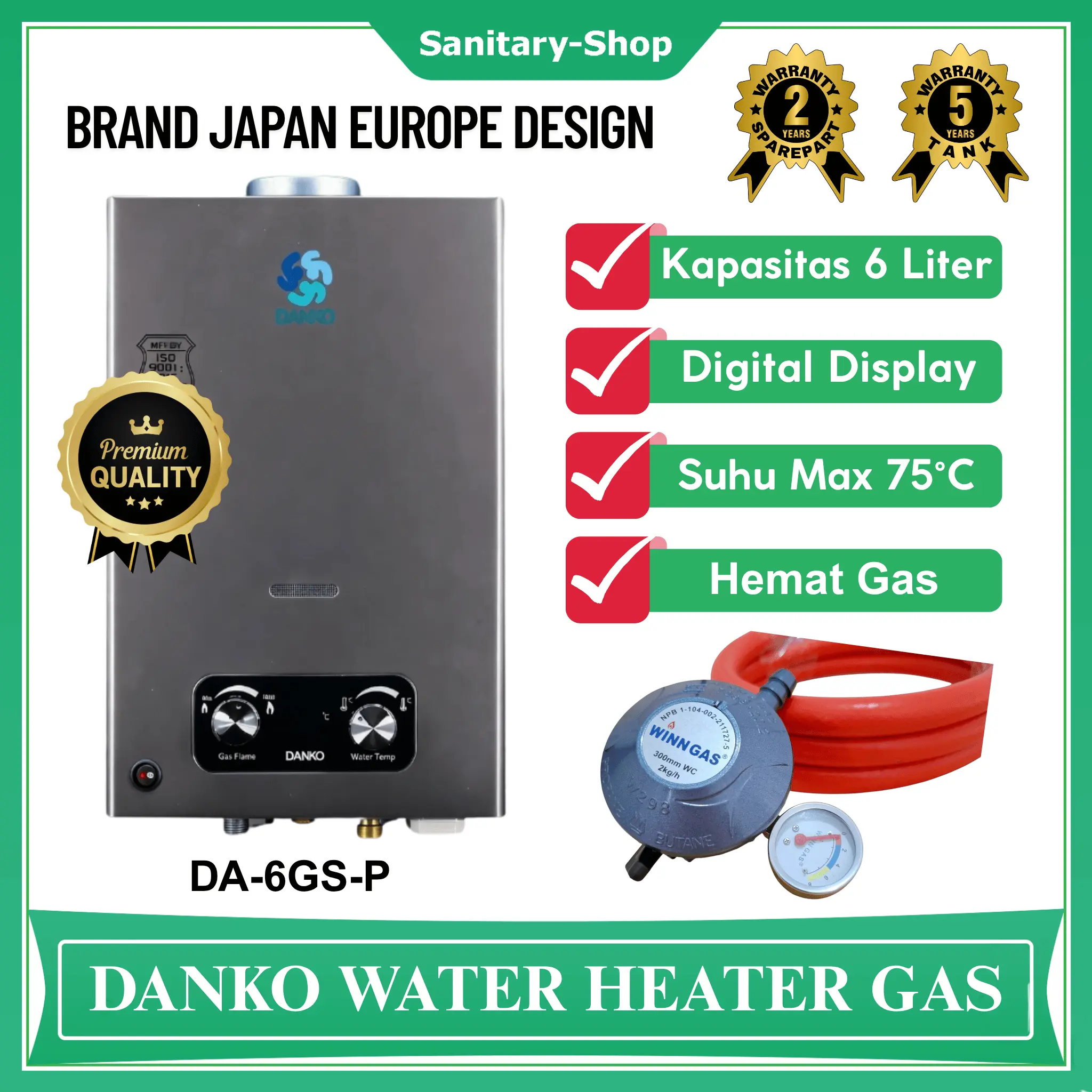 Water Heater Pemanas Air Gas 6 Liter DANKO Lengkap Regulator Selang Gas Instalasi Luar Tanpa Bobok Tembok