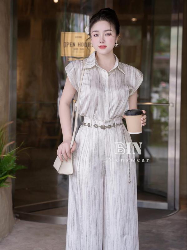 Set Đồ Nữ Sang Chảnh Áo Sơ Mi kết hợp Quần ống xuông Tôn Dáng chất Lụa Cao Cấp thiết kế Sang Trọng phù hợp Công Sở Dự Tiệc