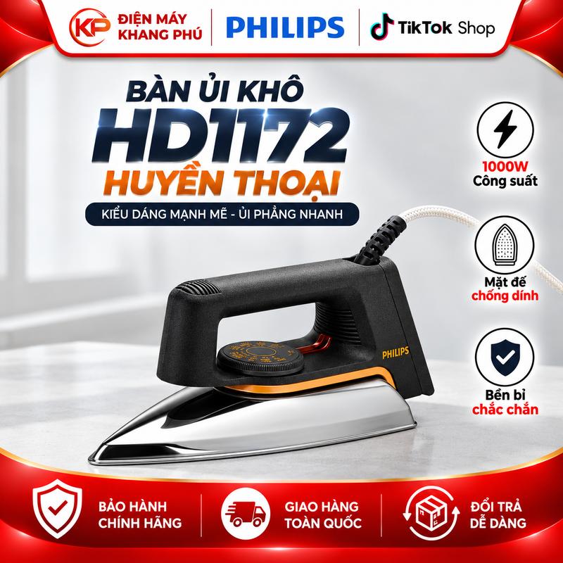 Bàn ủi, bàn là khô Philips Classic HD1172/01, Công Suất 1000W, Mặt Đế Bàn Ủi Bằng Nhôm