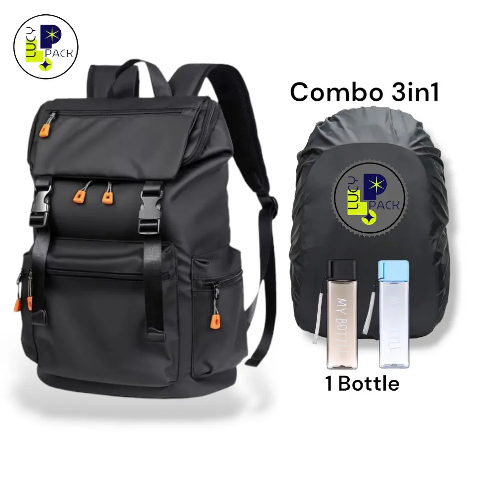 Lucypack - Tas Ransel Pria Kapasitas Besar Tas Combo Botol Raincover Waterproop Tren Fashion Perjalanan Luar Ruangan Tas Gunung Ransel Bisnis Kasual Ransel Komputer Laptop Sekolah