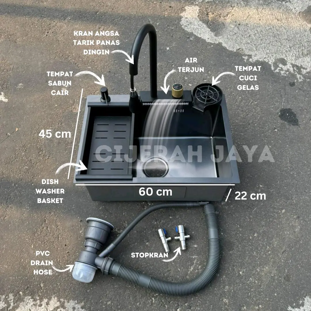 PAKET KITCHEN SINK STAINLESS BLACK 60X45 / BAK CUCI PIRING KOMPLIT CUCI GELAS TEMPAT SABUN CAIR HITAM PREMIUM