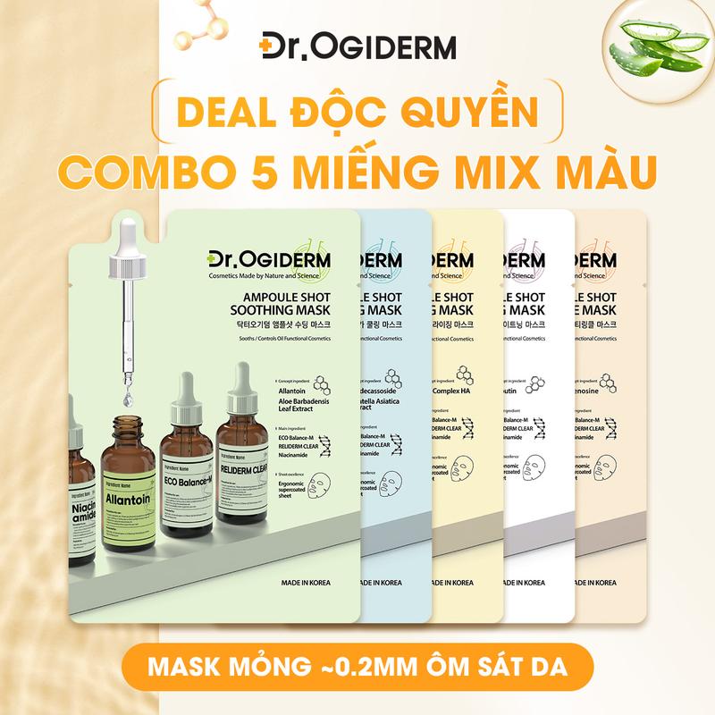 COMBO 5 Miếng Mix Màu Mặt Nạ Vải Vi Sợi DR OGIDERM Ampoule Shot Mask Công Nghệ Chăm Da Thế Hệ Mới Từ Hàn Quốc 30ml.