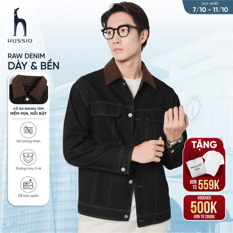 Áo khoác nam DENIM COLLARVEL dày dặn, đứng form, sang trọng - HUSSIO