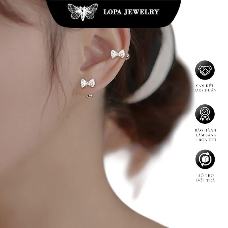 Khuyên tai nữ bạc ta, khuyên nơ đá chốt ren Sk77 đính đá xinh xắn , nhỏ nhắn , đeo tai trên, Bạc ta LoPa