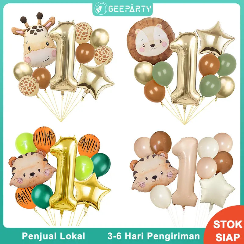 Geeparty 11 Pcs Balon Foil Kepala Jerapah Besar Balon Angka Emas Putih 32 Inci Untuk Dekorasi Pesta Ulang Tahun Hewan Safari