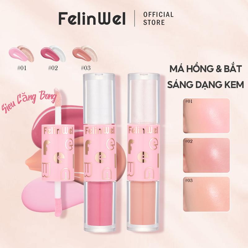  FelinWel - Má Hồng & Bắt Sáng Dạng Kem 2 Đầu Siêu Căng Bóng Thiết kế thỏi 2 đầu tiện lợi - Chất kem lỏng - Mỏng nhẹ - Dễ tán - Tạo hiệu ứng căng bóng - Kết cấu ẩm mượt - Đa công dụng - 3 tông màu - 5ml 