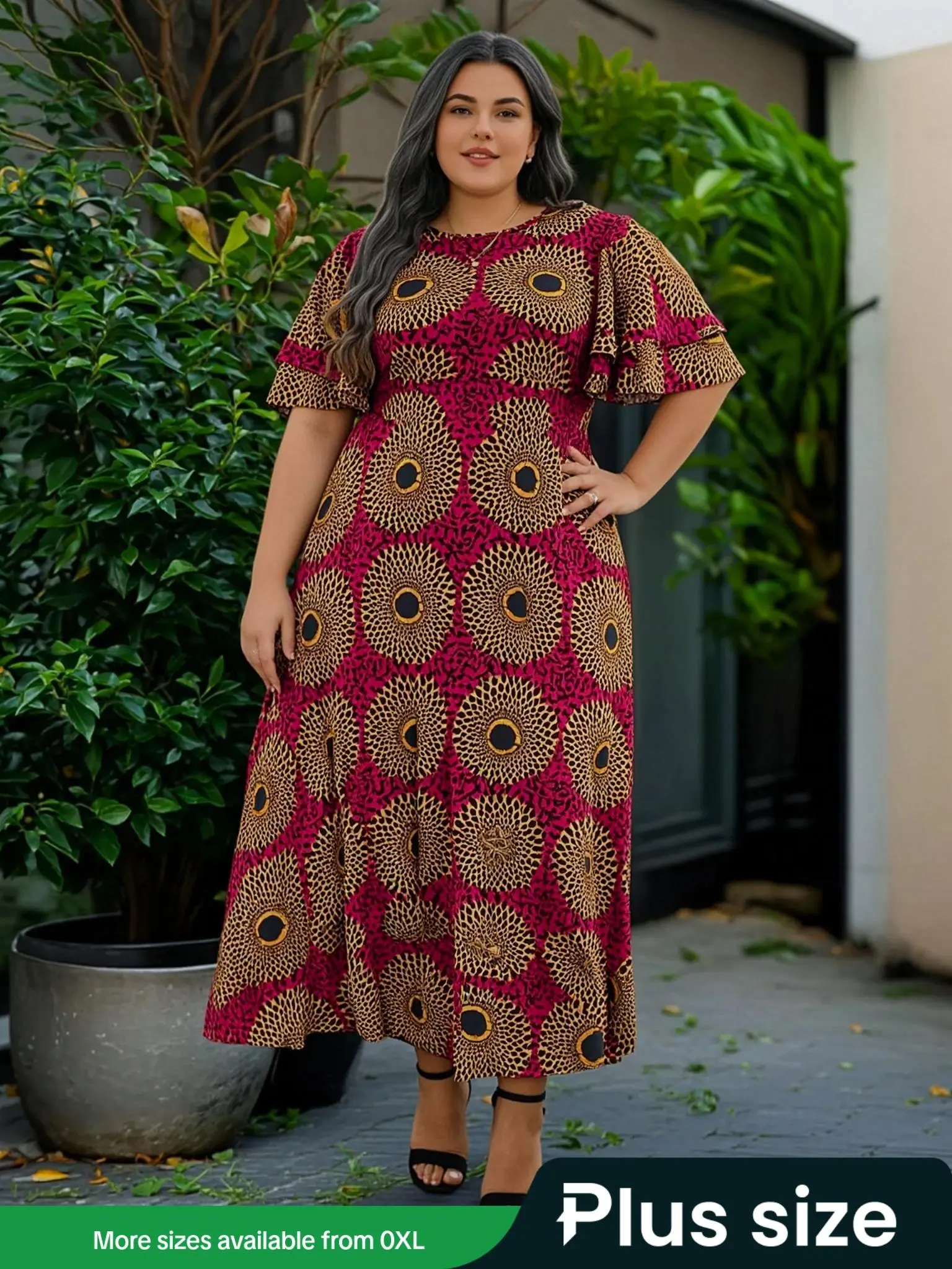 【Plus Size】 All Over Print Short Sleeve Dress, Elegant Round Neck Dress for Party Holiday Wedding Guest, Curvy Women's Clothes for All Seasons