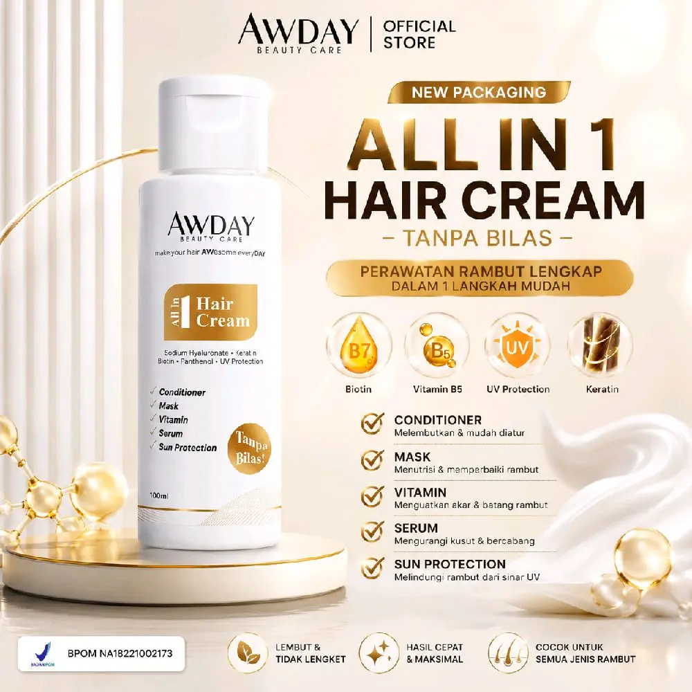 AWDAY All In 1 Hair Cream Conditioner 100ml Tanpa Bilas Perawatan Rambut Lengkap Dengan B7 Vitamin B5 UV Protection