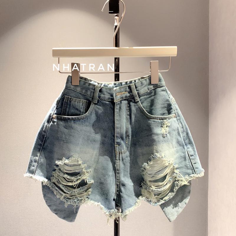 nhatran - Quần short jean nữ lưng cao rách túi lộ chất jean không dãn Cotton Pants Denim Women X69