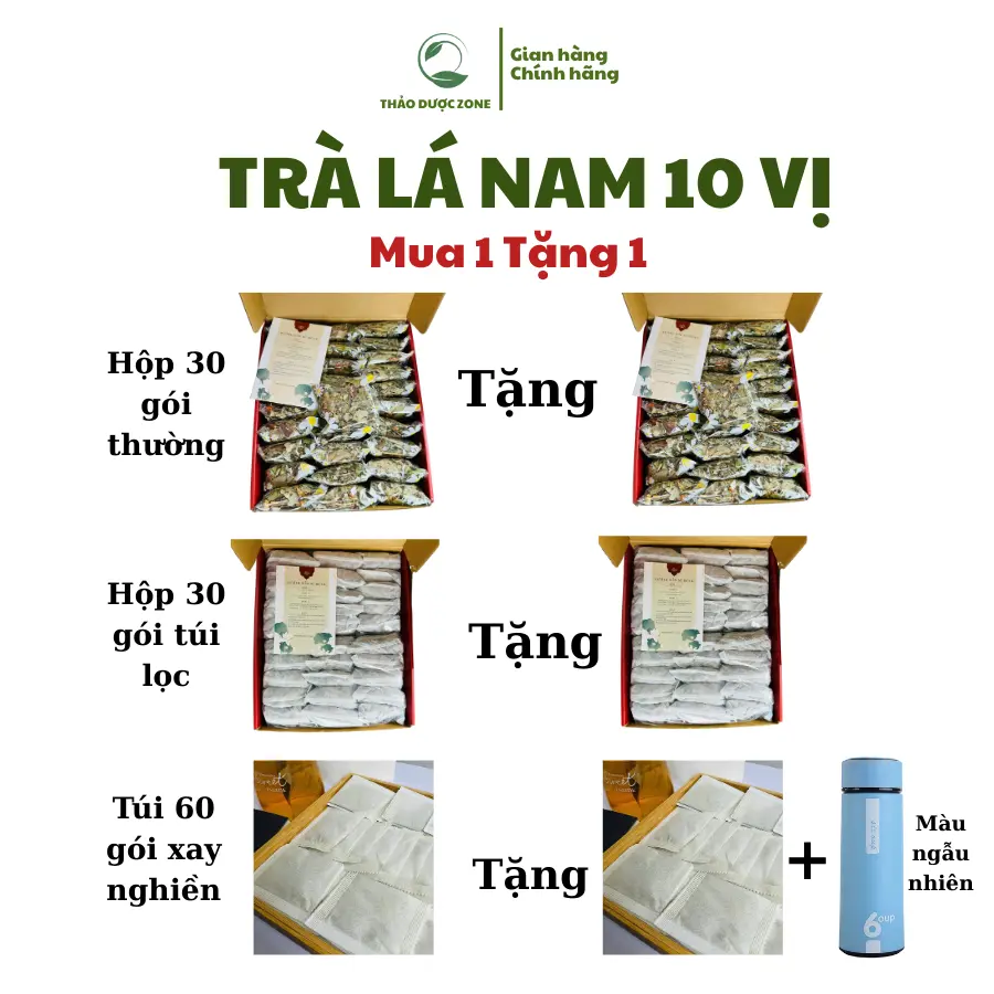 [Mua 1 tặng 1] Trà Lá Nam 10 vị Thảo Dược Zone, Mua 1 set 30 gói tặng 1 set 30 gói, tặng thêm bình ở mã 60 gói túi xay, thành phần Lá sen, xạ đen, lạc tiên, giảo cổ lam, hoa nhài, cỏ ngọt...Nước Trà Chè Tea Chua Nước Trà Chè tral anam vi trà  lá