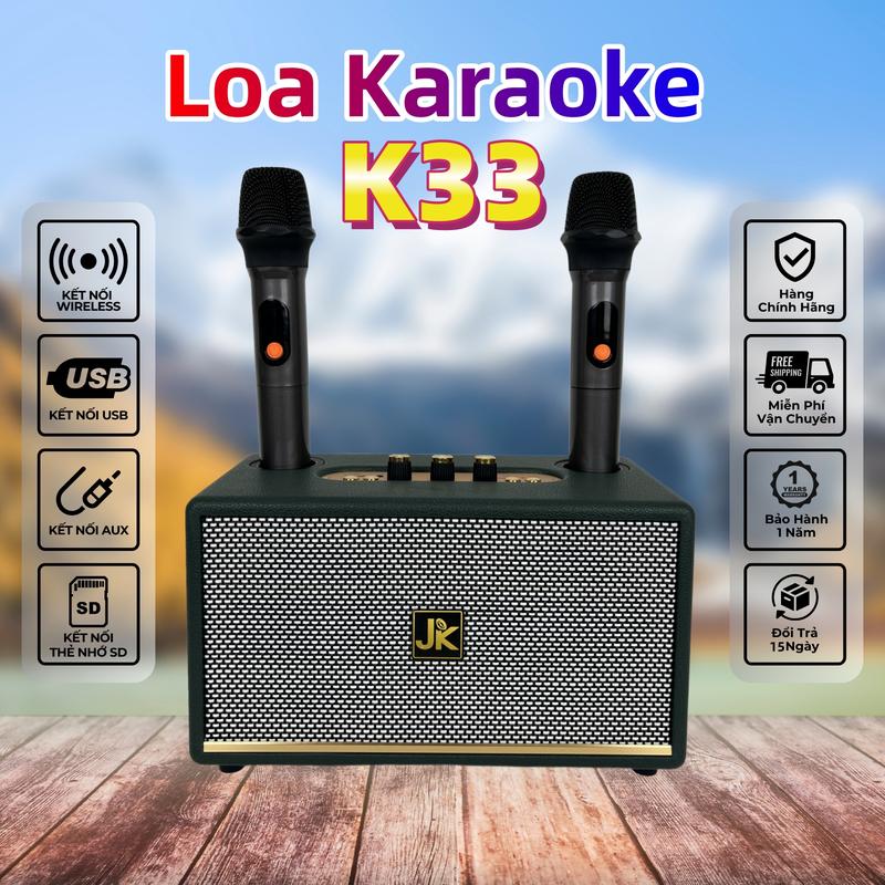  JK-K33 Loa Karaoke Di Động Nghe Nhạc Xách Tay Loa Bluetooth Mini tặng kèm 2 Micro không dây Loa ngoài trời Loa gia đình Máy hát karaoke - Bảo Hành 12 Tháng 
