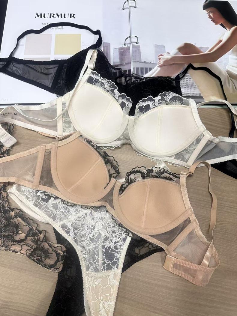 Product Introduction of Embroidery Lace Thin Cotton Underwear Transparent Lingerie Sets For Women Sexy Push Up Gather Fashion Lady Bra And Panty Sets 17