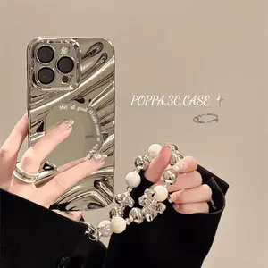 INS Casing Mewah Untuk iPhone 11 13 15 14 12 16 Pro Max XR X XS Max 15 7 8 Plus casing Plating Cermin Gelang Bergelombang Casing Lembut Tahan Guncangan Bumper Cover