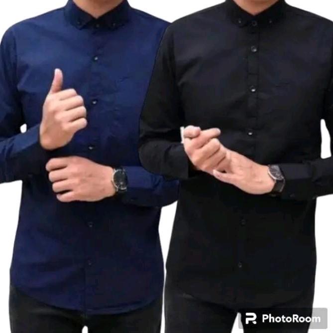 Paket 2 Pcs Kemeja Polos Lengan Panjang Catun Casual Slimfit  Baju Dinas Kantor  Kancing Kerah Simple Standar Putih Navy Nyaman Variasi Santai Pria Kerja Hitam Basic 1