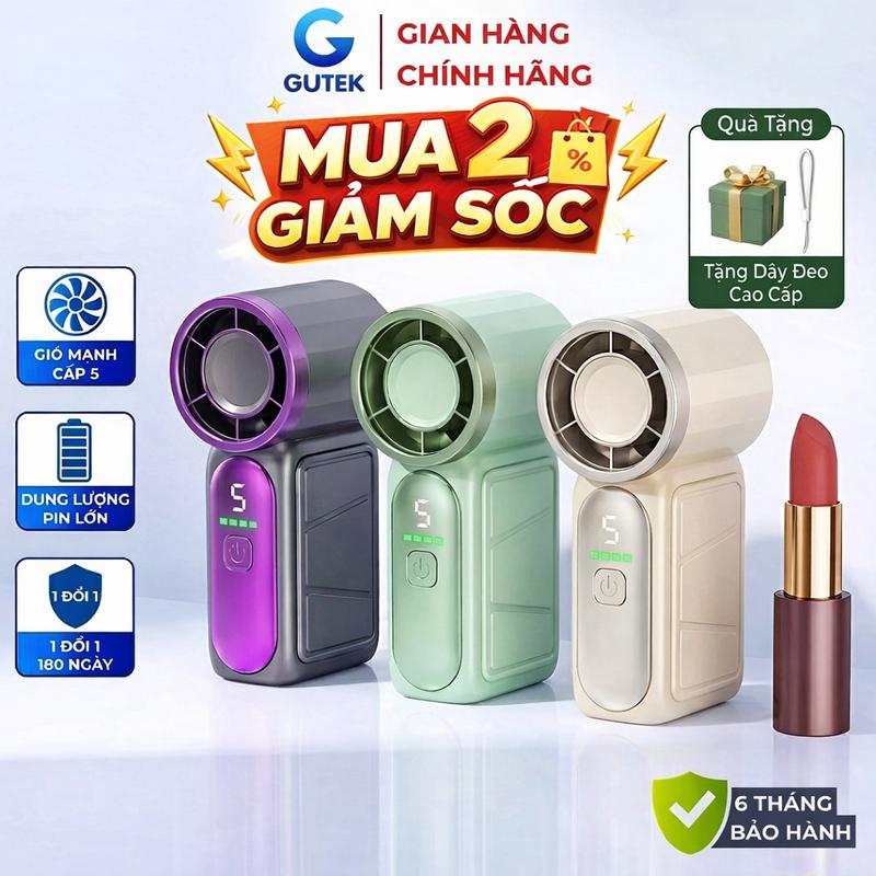 Quạt cầm tay mini nhỏ gọn 5 tốc độ gió kèm dây đeo tay – Gutek X688