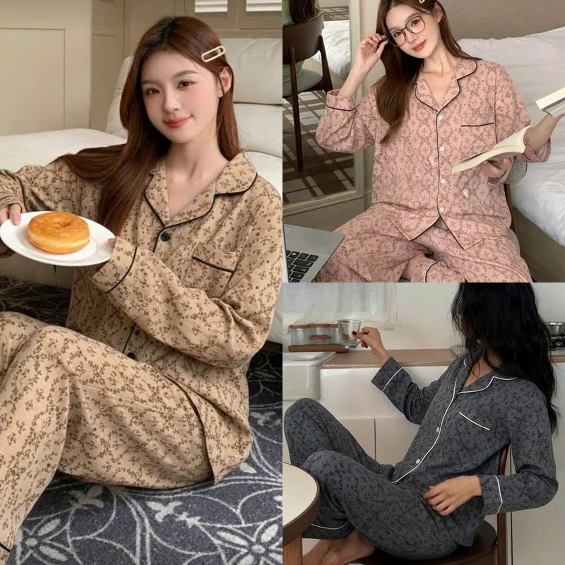 Bộ đồ ngủ thu đông dài tay họa tiết hoa nhí trẻ trung - Set đồ pijama mặc nhà siêu xinh đơn giản cho nữ