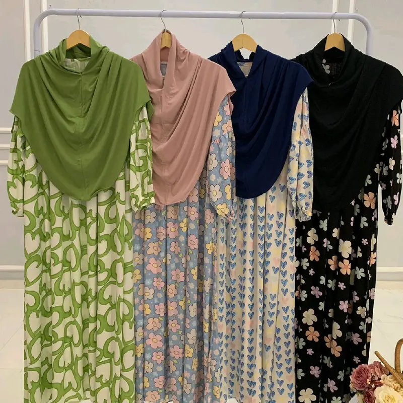 Gamis wanita rayon motif bunga 1 set sama kerudung 0