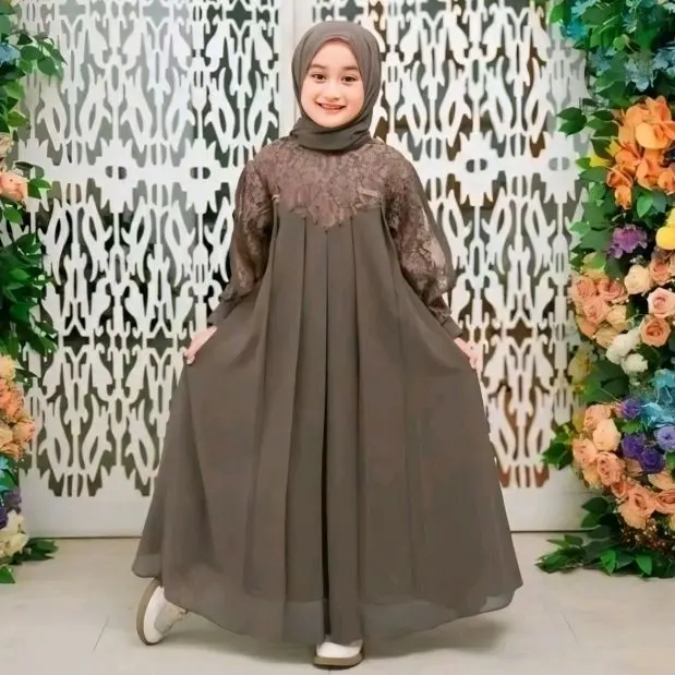 Inara Dress Kids Syari Baju Gamis Muslim Cantik Motif Brukat Bunga Anak Perempuan Ceruty Babydol Premium 5-12 Tahun Size L dan XL Panjang dan Tanggung Shakila Set Kerudung Pasmina Lebaran 2025 1