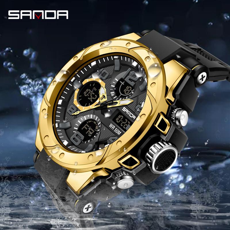 SANDA 6008 - Đồng Hồ Điện Tử Analog Cho Nam, Không Thấm Nước, Thể Thao, Kỹ Thuật Số, Mua 1 Tặng 1 Vòng Tay Và Hộp Chính Hãng Đeo Tay Móc Khoá Watch
