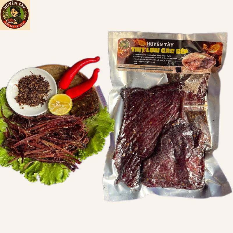  500G Thịt Lợn Sấy Gác Bếp Huyền Tày - Mang Hương Vị Tây Bắc Hạt Dổi Mắc Khén - Ăn Liền Làm Quà Biếu - Thơm Khói Dai Ngon- Kèm Chẳm Chéo Gia Vị Chấm - Snack Ăn Vặt Food 