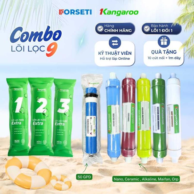 Trọn bộ 9 lõi lọc Kangaroo 123456789 (123, Màng RO50HR, Nano, Ceramic, Alkaline, Maifan, ORP)