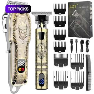 男性用プロフェッショナルヘアクリッパー&トリマーセット、2000 mAhリチウム電池付きコードレスUSB充電式グルーミングキット、理容師ヘアカット&カービングキット