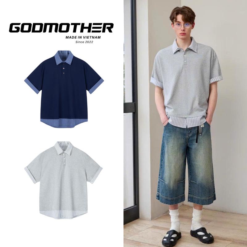 Áo Thun Cổ Bẻ GODMOTHER Áo T-Shirt Nam Nữ Unisex Phối Sơ Mi Cộc Tay Viền Kẻ Sọc Thoáng Mát Năng Động