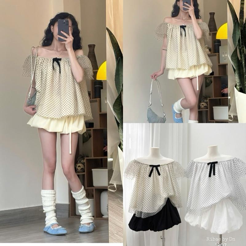 Áo Lưới Trễ Vai Chấm Bi Đính Nơ Nhung Form Babydoll Tay Bồng 2 màu siêu xinh NTD.store