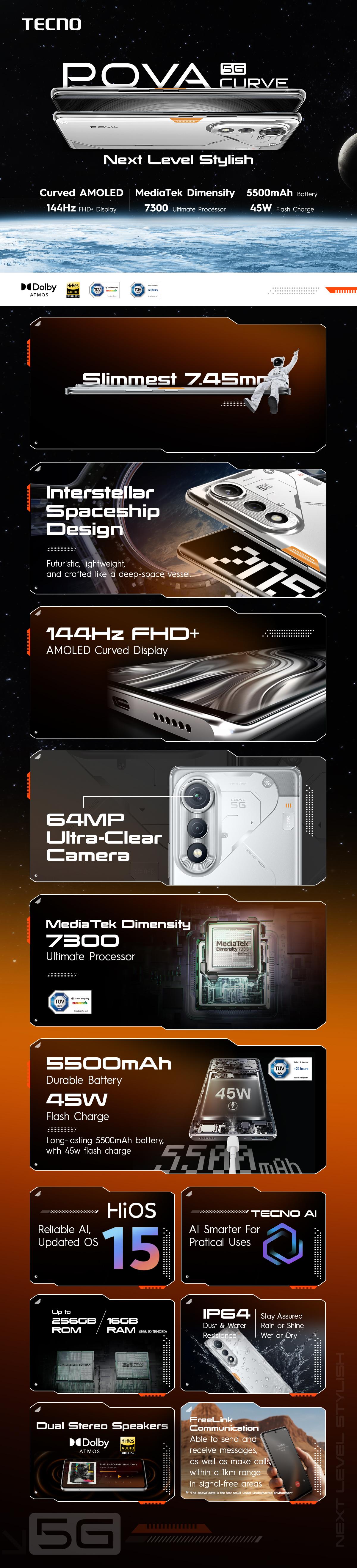 [5G Series] TECNO POVA Curve 5G - 8+8GB*/256GB, 5500mAh + Bypass Charging 2.0 , Mediatek D7300 Ultimate 5G, 6,78" Curved AMOLED Display , 64MP Primary Camera, Android 15 - HiOS 15 - POVACurve