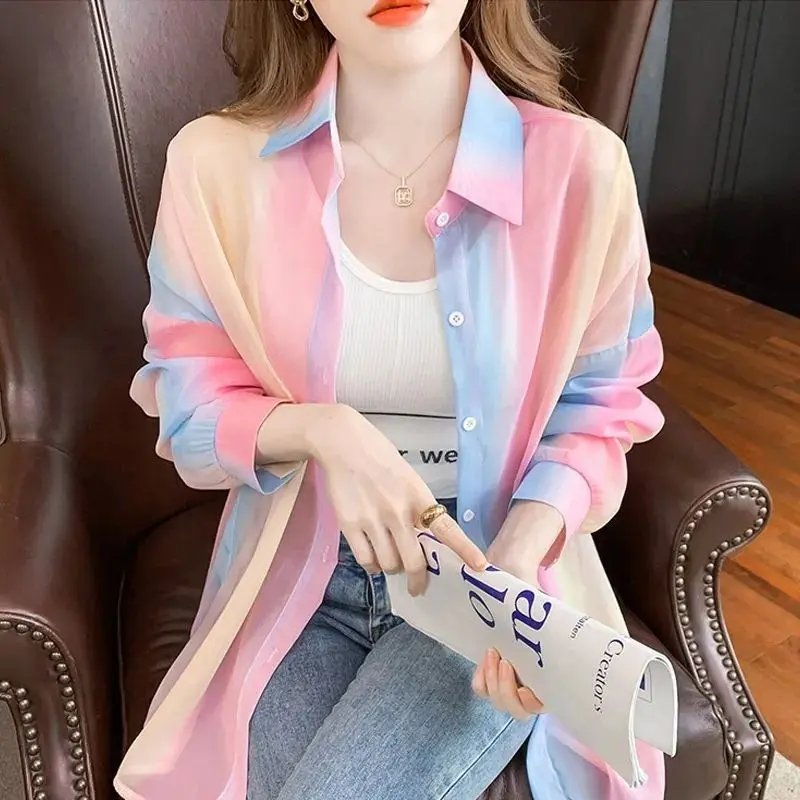 Quần Áo Chống Nắng Cho Nữ, Áo Sơ Mi Cầu Vồng Dài Tay Mỏng Mới, Phong Cách Phương Tây Thời Trang, Có Thể Mặc Bên Ngoài, Áo Khoác Cardigan Nhẹ, Mùa Hè