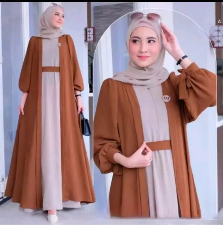 gamis set 2 in 1 Inner Cardigan plus hijab pashmina terbaru Crinkle Airflow mewah kekinian 0
