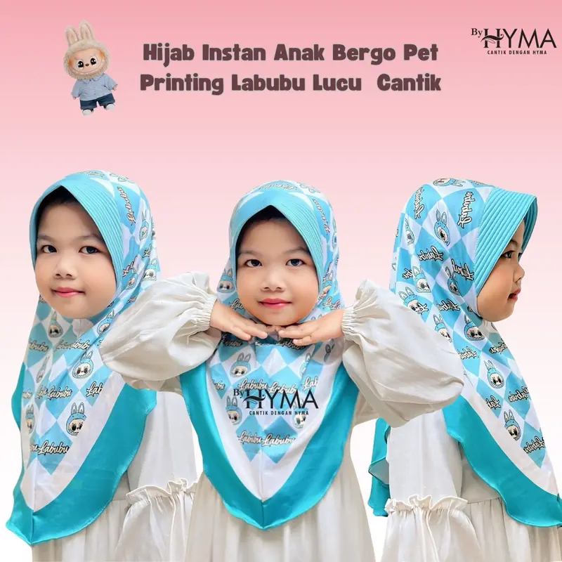 Jilbab Instan Kerudung Bergo Printing Labubu 3-9 Tahu  Hijab Jersey Anak Instan Nyaman Pad Muslim 1