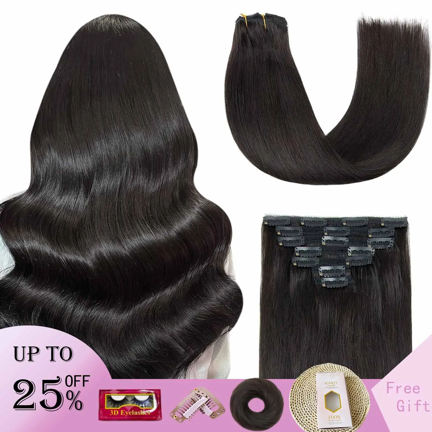AGMITY 12-22 Inch 7pcs Clip in Hair Extensions Real virgin Human Hair Natural Silky Double Weft Hair Extensions Clip ins Can Be Reshaped and Straightened