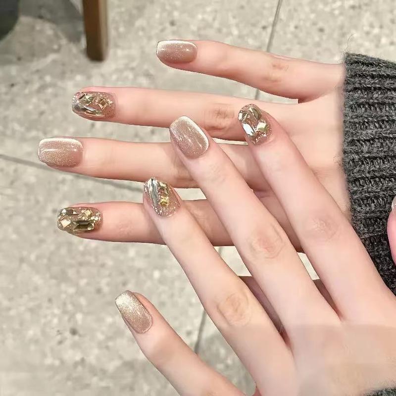   Mã B026  Nail Box Móng Tay Giả Màu Cà Phê Sữa Mắt Mèo Đính Đá Dáng Móng Ngắn Cực Sang Bộ 10 Móng Có Thể Tháo Rời Tái Sử Dụng 