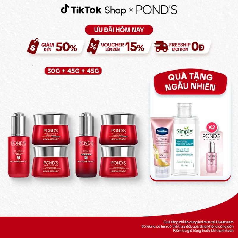 Bộ Skincare 1 Serum và 2 Kem Dưỡng Ngày & Đêm Pond's Age Miracle Hỗ Trợ Mờ Đốm Nâu, Nếp Nhăn với 50X Hexyl-Retinol 30G+45G+45G