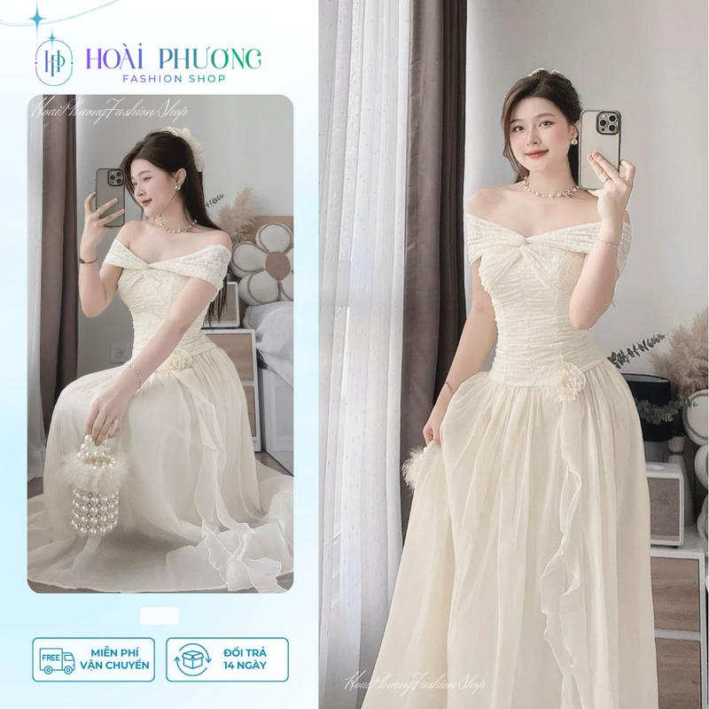 Đầm dự tiệc trẽ vai áo ren thiết kế phối tùng tơ nến dáng dài xòe có mút ngực Hoài Phương Shop