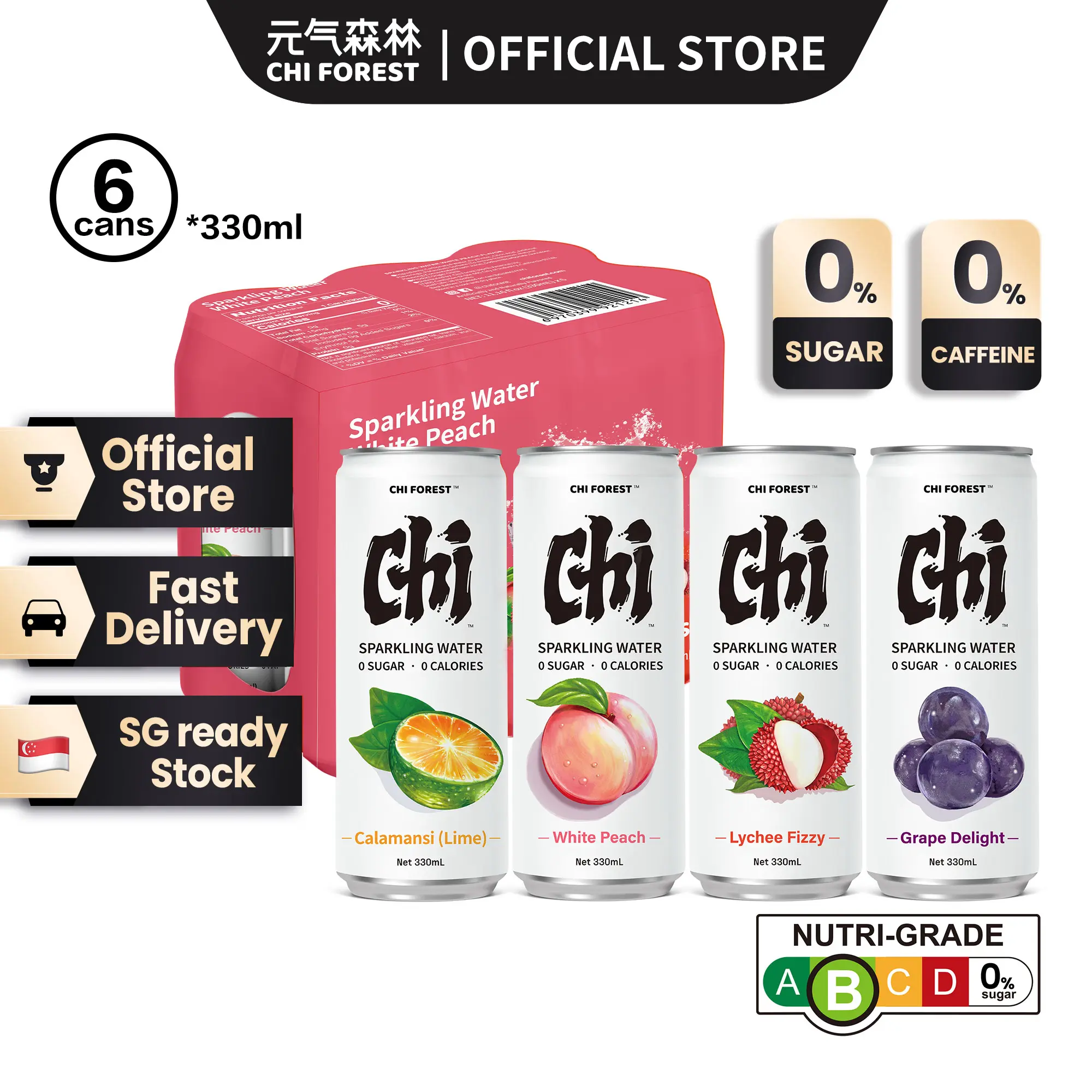 Chi Forest Sparkling Water Zero Sugar Free Soda 330ml*6 (Cans) Drinks [Genki Forest]