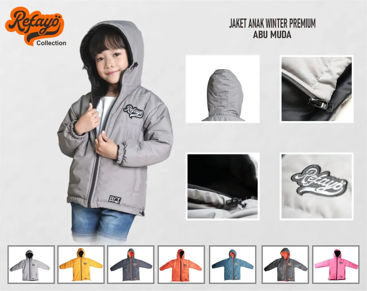 Jaket Winter Anak REFAYO Pria Wanita Outdoor Waterproof Windproof Abu Abu Bordir Hoodie