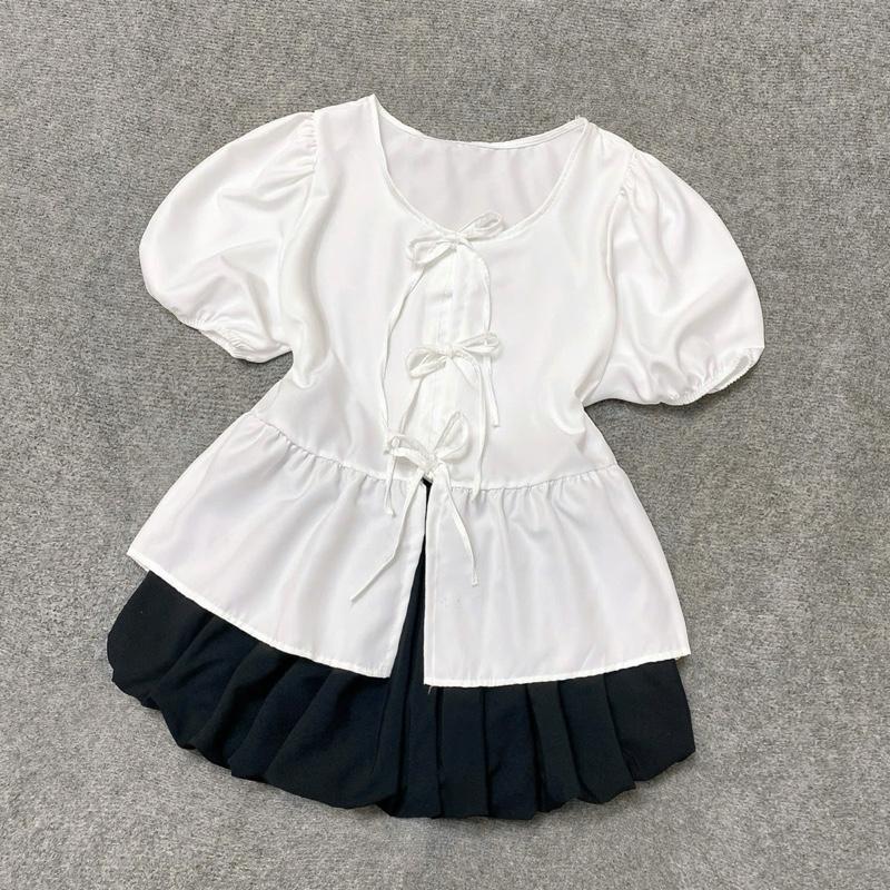 Set Áo Váy Dễ Thương (CÓ LẺ ÁO/ VÁY) Áo Babydoll Tay Bồng Buột Dây Mix Váy Bí Ngô Dễ Thương Cho Nữ Chuppy (60-92Kg)- A191 CV413