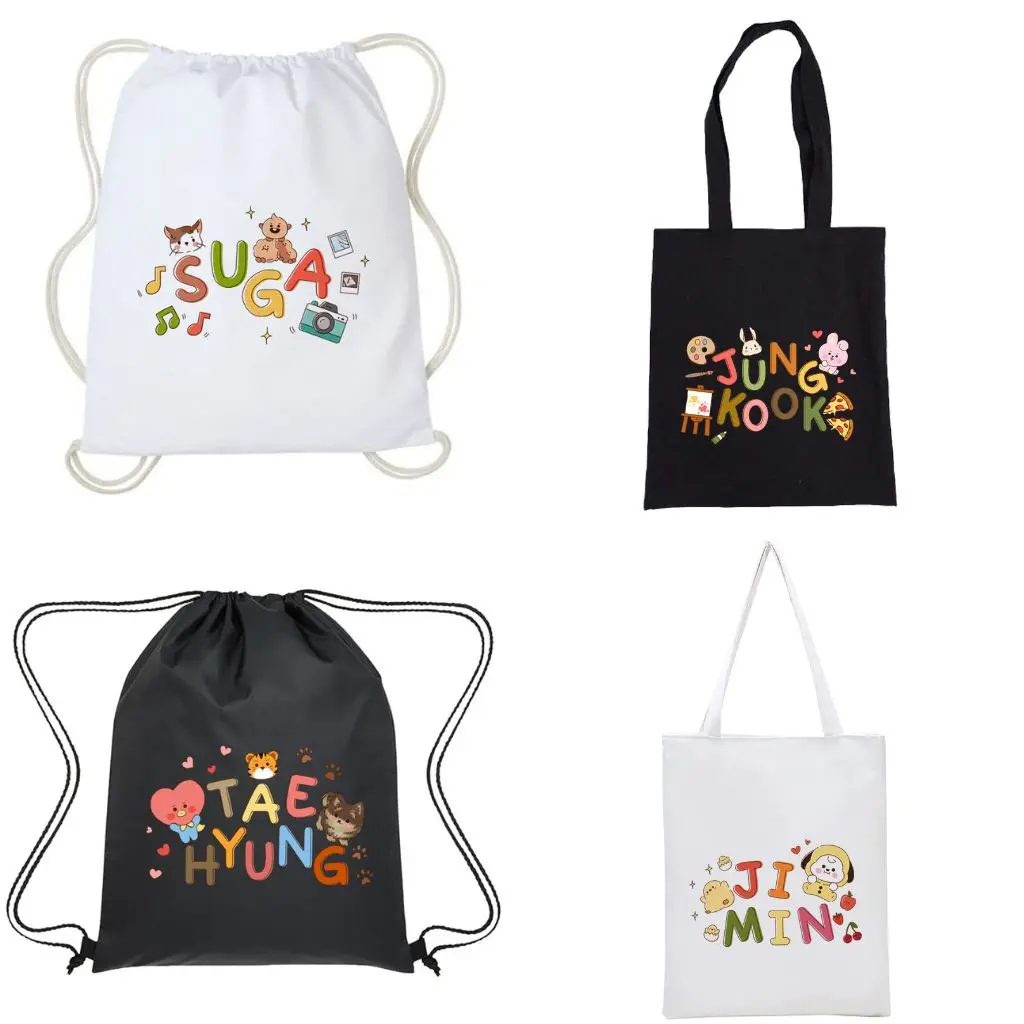 Totebag Tas Serut BTS Tulisan Lucu Kpop Korea String Bag Kanvas Wanita Aesthetic Hitam