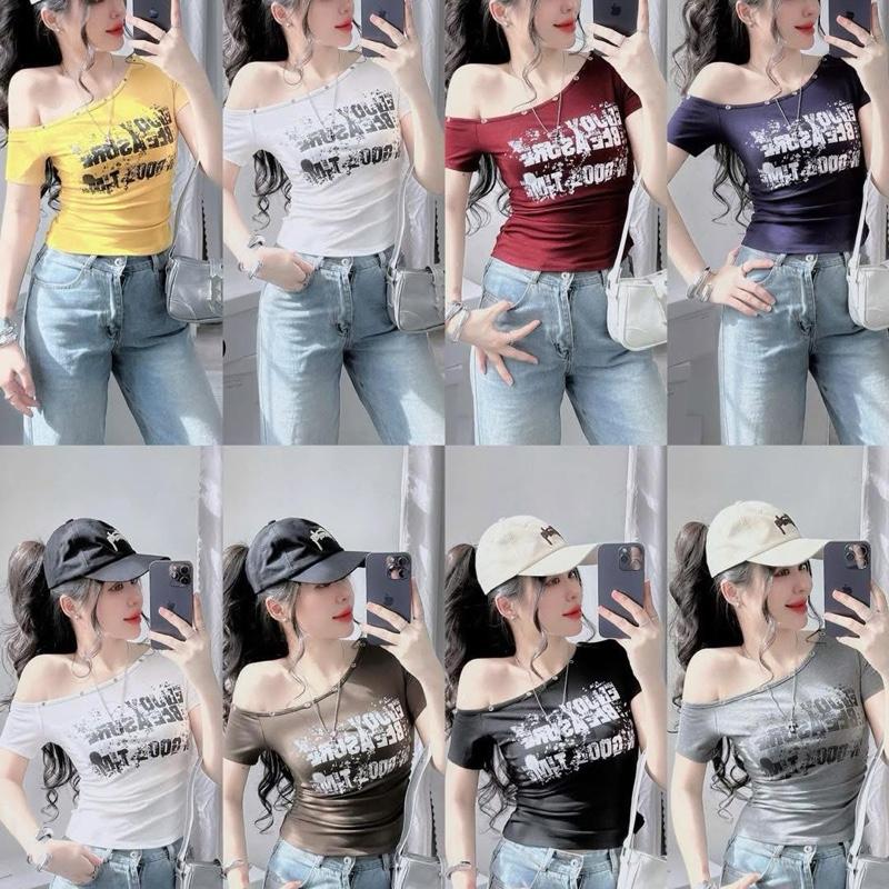 C4_áo thun lệch vai nhún eo in hình thun zip lụa qc