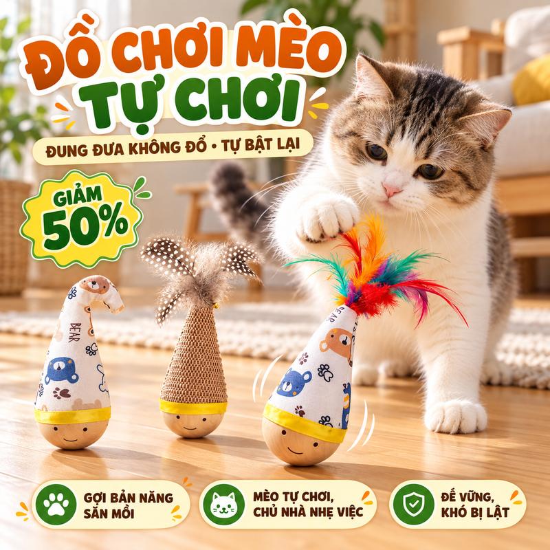【Giảm 50% giới hạn thời gian】Đồ chơi mèo lật ngược không đổ, Đồ chơi giải trí cho mèo, Tự cân bằng sau khi đẩy, Thu hút mèo chơi, Giải tỏa căng thẳng, Phù hợp mèo trong nhà, Chất liệu gỗ sồi an toàn, Hàng chính hãng