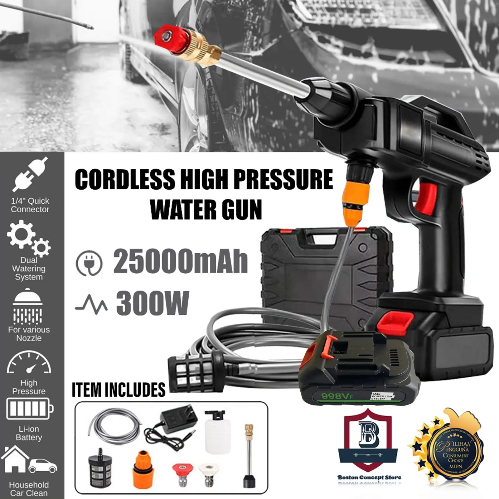 Upgraded Version Cordless High Pressure Car Washer Rechargeable Electric Water Foam Machine Water Jet Machine Cuci Kereta Automotive Motor Nozzle Pipe Snow Foam
