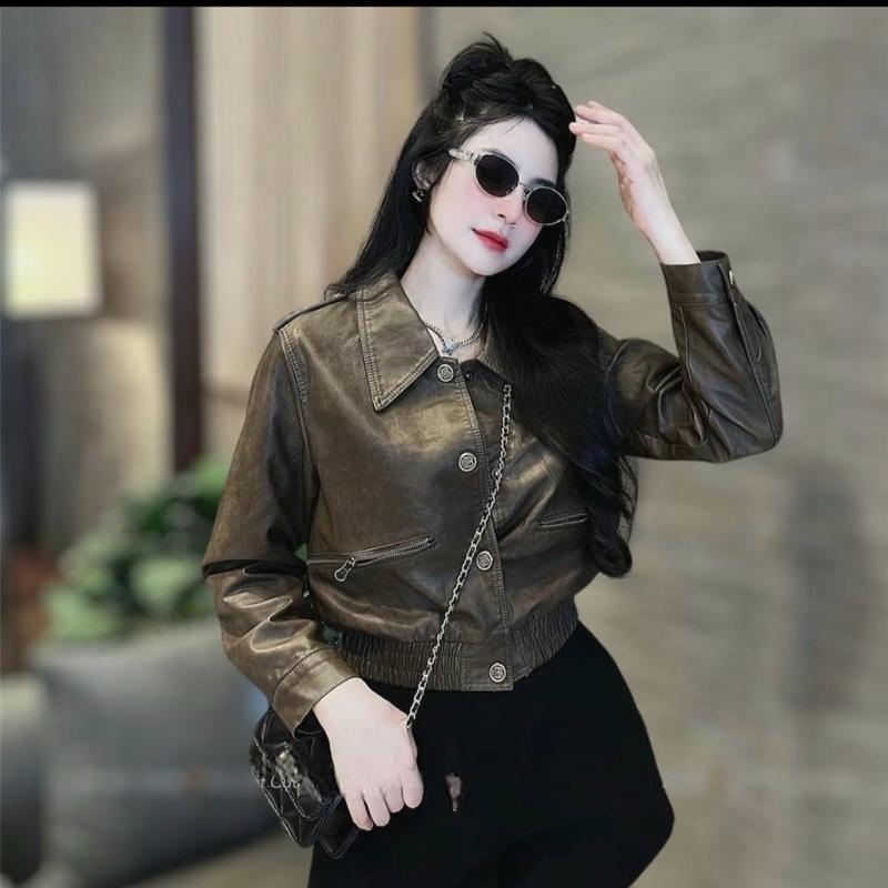  Áo Khoác Da Nữ Croptop Quảng Châu Cao Cấp Đen Nâu 7833 